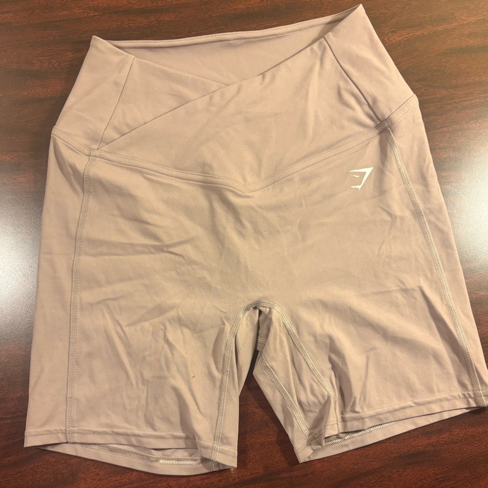 Women’s GYMSHARK crossover biker shorts; size S; taupe color